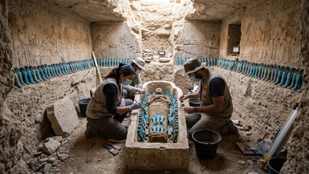 Arqueólogos escavam tumba de 4.300 anos e encontram o “guardião dos segredos” do faraó cercado por mais de 100 pequenas figuras destinadas a trabalhar por ele na vida após a morte Arqueólogos escavam tumba de 4.300 anos e encontram o “guardião dos segredos” do faraó cercado por mais de 100 pequenas figuras destinadas a trabalhar por ele na vida após a morte