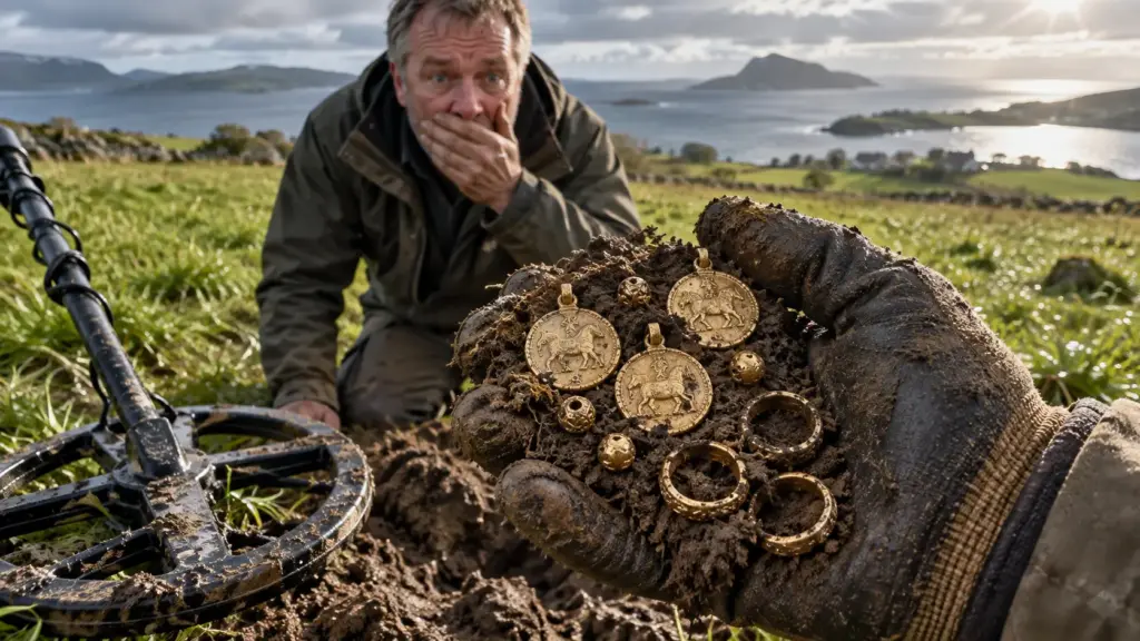 Norueguês compra detector de metais para sair do sofá, encontra mais de 100 gramas de ouro de 1.500 anos e pensa que eram moedas de chocolate Norueguês compra detector de metais para sair do sofá, encontra mais de 100 gramas de ouro de 1.500 anos e pensa que eram moedas de chocolate