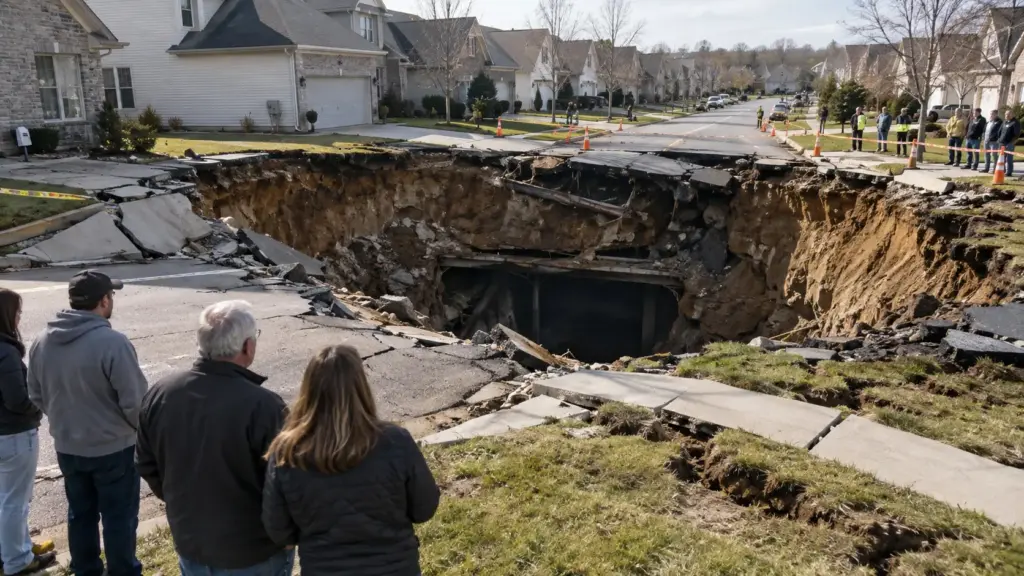 Um bairro inteiro de 160 casas nos Estados Unidos começa a ter o chão rachando sob os pés dos moradores, até que um buraco de 26 metros de largura revela uma mina abandonada havia décadas, e a Justiça decide, seis anos depois, que ninguém vai ser indenizado