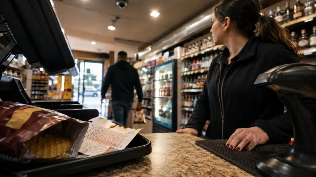 Cliente compra batatas, esquece bilhete de US$ 3 milhões na máquina, atendente tenta receber o prêmio, discute com namorado sobre a divisão dos valores e câmera revela o esquema