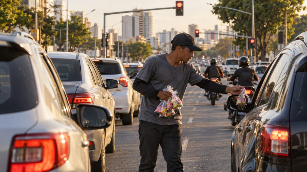 Ambulante tem apenas 45 segundos por sinal, percorre fila de 130 carros em dez minutos e deixa sacos de balas nos retrovisores antes de voltar para recolher produtos ou pagamentos