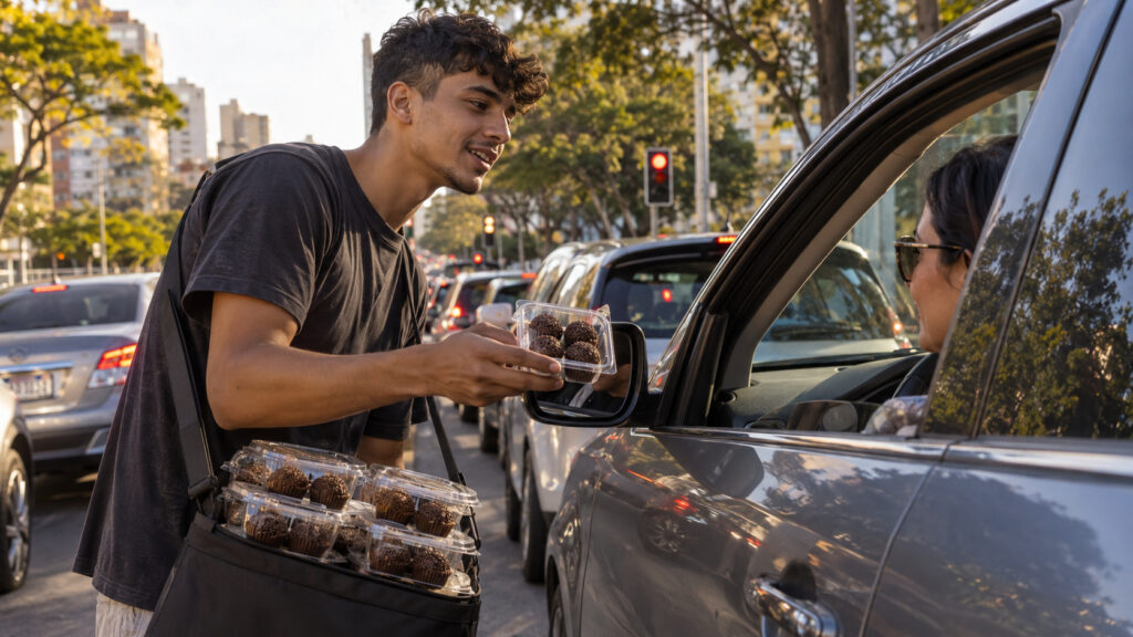 Curitibano aborda até 500 pessoas por dia para vender 100 caixas de brigadeiros no semáforo, cria desafio de faturar R$ 100 mil em 100 dias e transforma medo da rejeição em método de vendas