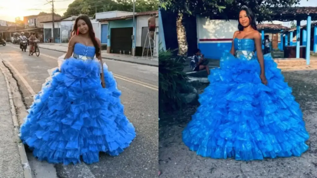 Estudante brasileira transforma quase 800 sacolas plásticas em um vestido de festa digno de passarela, cola cada peça à mão com ajuda da tia, desfila na escola no Pará e viraliza ao encerrar o ensino médio com uma criação que parece saída de um baile de gala