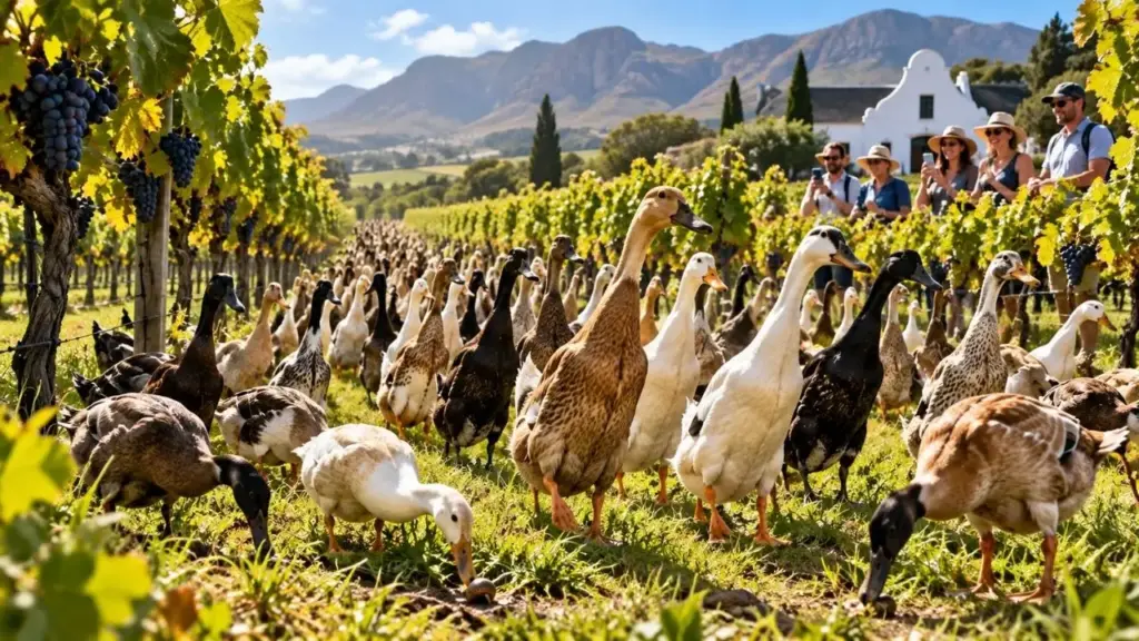 Vinícola na África do Sul solta mais de 1.000 patos-corredores indianos entre as videiras, as aves passam o dia caçando caracóis e insetos no meio das uvas, reduzem a necessidade de pesticidas químicos e ainda viram atração, marchando duas vezes por dia diante dos visitantes a caminho do trabalho Vinícola na África do Sul solta mais de 1.000 patos-corredores indianos entre as videiras, as aves passam o dia caçando caracóis e insetos no meio das uvas, reduzem a necessidade de pesticidas químicos e ainda viram atração, marchando duas vezes por dia diante dos visitantes a caminho do trabalho