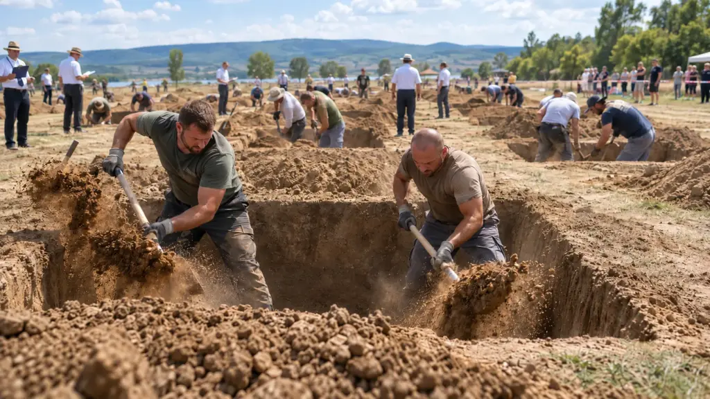 Coveiros transformam trabalho pesado em competição na Hungria: 19 equipes correm contra o relógio para abrir sepulturas perfeitas, levantam nuvens de poeira e dupla campeã conclui o serviço em pouco mais de uma hora Coveiros transformam trabalho pesado em competição na Hungria: 19 equipes correm contra o relógio para abrir sepulturas perfeitas, levantam nuvens de poeira e dupla campeã conclui o serviço em pouco mais de uma hora