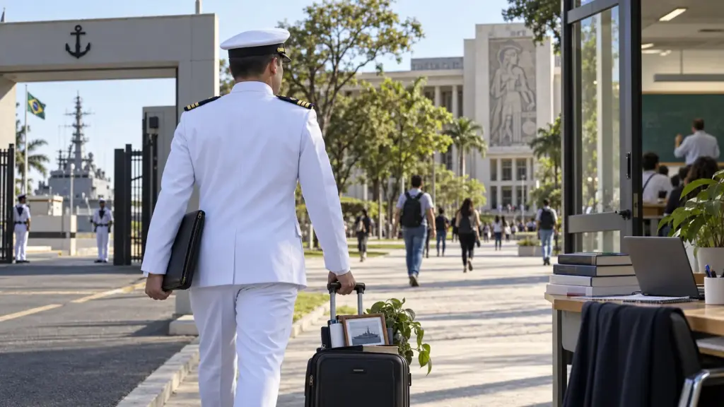 Depois de anos servindo na Marinha, capitão de corveta deixa o serviço ativo para tomar posse como professor da UFRJ, é incluído na reserva não remunerada e encerra o vínculo sem receber compensação pecuniária após trocar a carreira militar pelo magistério superior