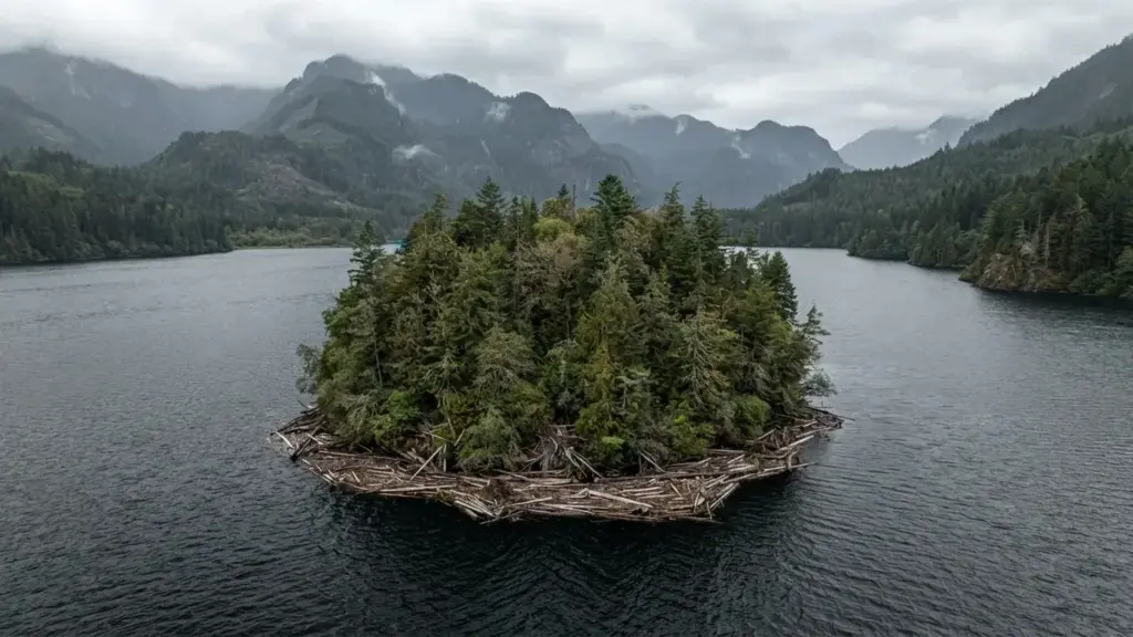 Uma ilha coberta de árvores com 140 metros de comprimento por 70 de largura apareceu no maior reservatório da Colúmbia Britânica, sumiu das imagens de satélite e foi reencontrada 30 quilômetros a noroeste quinze dias depois, sem que nenhum barco a tenha rebocado