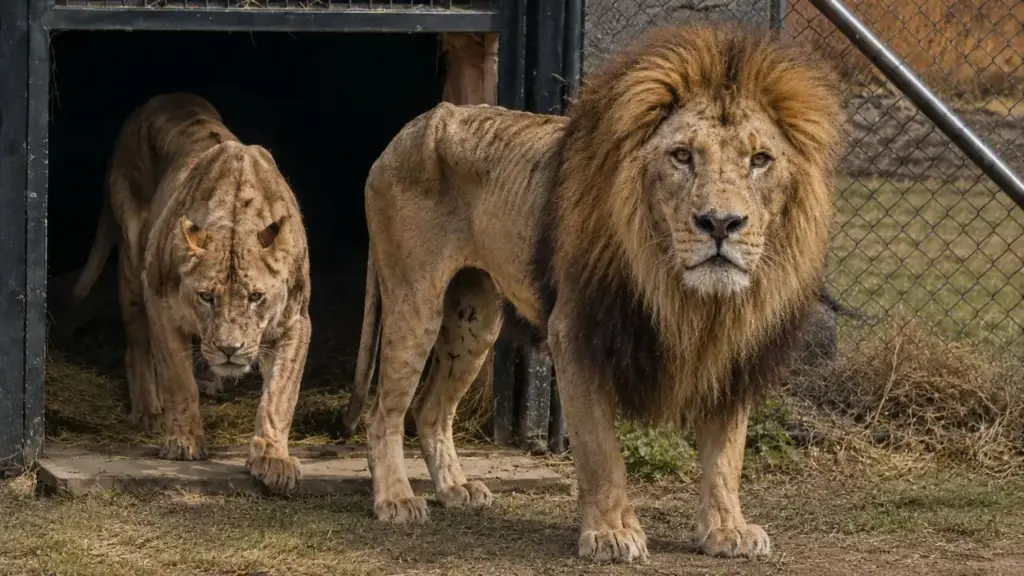 Dois leões passam cerca de 10 anos presos em pequena jaula de circo, são resgatados na França e levados à África do Sul, onde pisam pela primeira vez em solo africano e começam nova vida em santuário Dois leões passam cerca de 10 anos presos em pequena jaula de circo, são resgatados na França e levados à África do Sul, onde pisam pela primeira vez em solo africano e começam nova vida em santuário