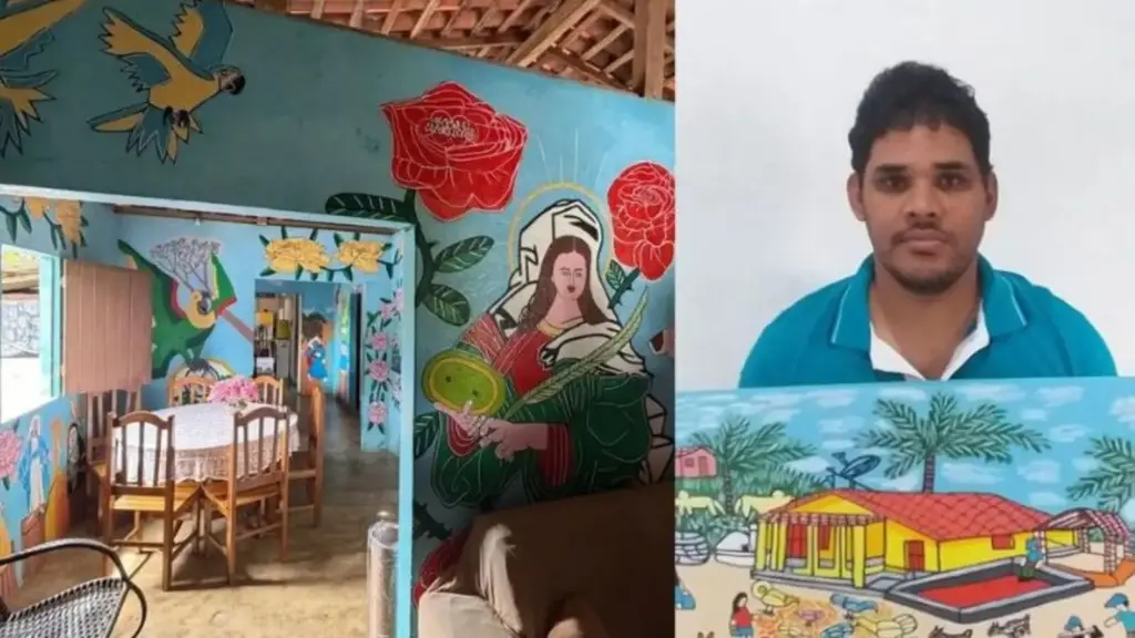 Artista surdo e não verbal fica sem papel para desenhar, começa a pintar as paredes da própria casa com carvão, transforma residência simples em galeria e talento chega a exposição no Rio de Janeiro