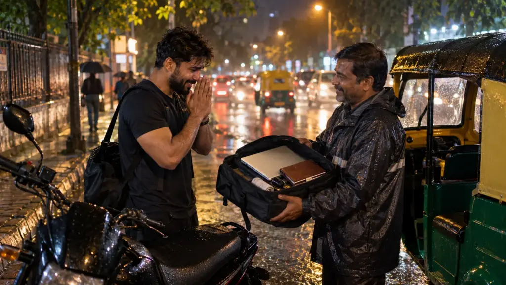 Homem voltava da academia às 22h em meio à forte chuva quando perdeu baú com MacBook de 200 mil e objetos pessoais; motorista achou a caixa, localizou o dono, devolveu tudo intacto e não quis receber nada