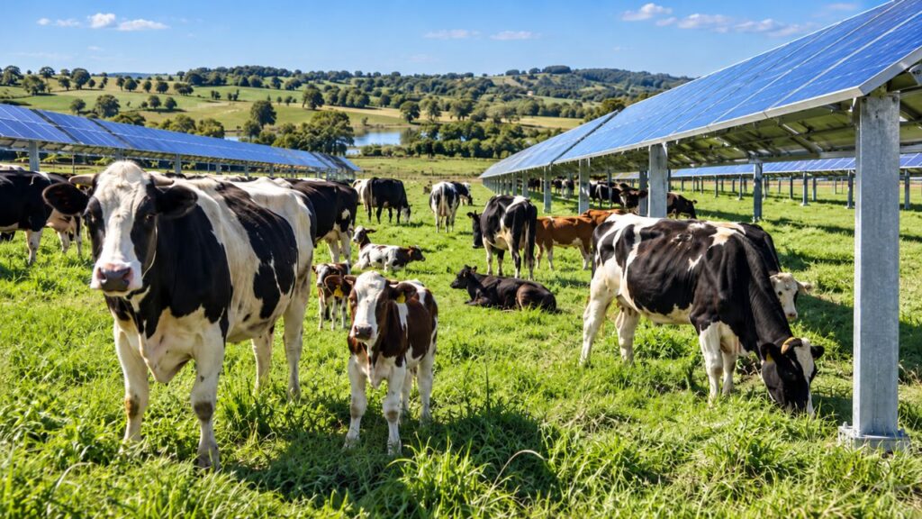 Fazenda coloca 10 vacas e seus bezerros entre painéis solares no Tennessee para descobrir se bovinos conseguem pastar, circular e se desenvolver normalmente enquanto a mesma área continua produzindo 5 megawatts de eletricidade