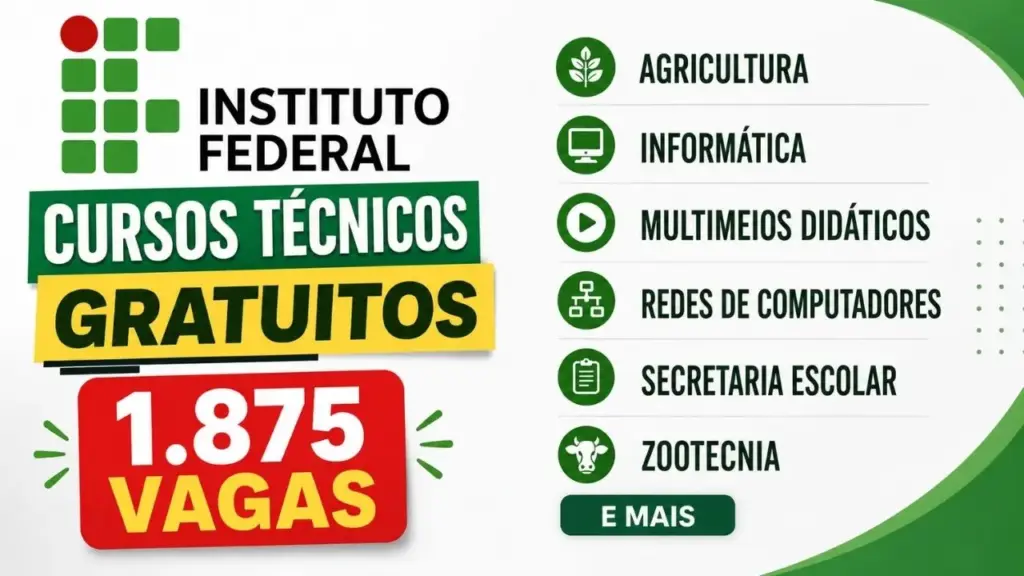 Instituto Federal abre 1.875 vagas em cursos técnicos gratuitos presenciais e EaD para quem já terminou o ensino médio; inscrições até outubro Instituto Federal abre 1.875 vagas em cursos técnicos gratuitos presenciais e EaD para quem já terminou o ensino médio; inscrições até outubro