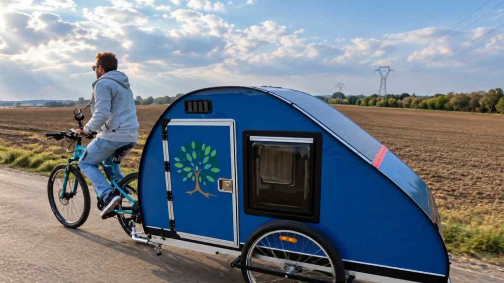 Empresa desenvolve mini trailer para bicicletas: projeto francês permite viagens de 45 a 60 km e reúne espaço para dormir em uma estrutura de compensado e alumínio