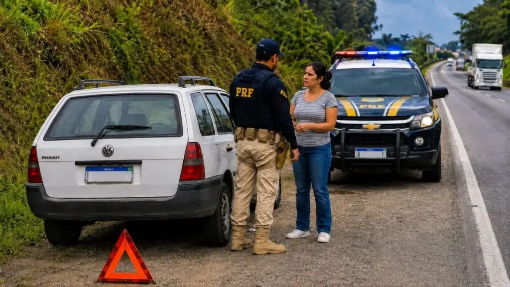 Sem gasolina, motorista recebe ajuda da PRF para abastecer, mas acaba sendo multada pela própria pane seca