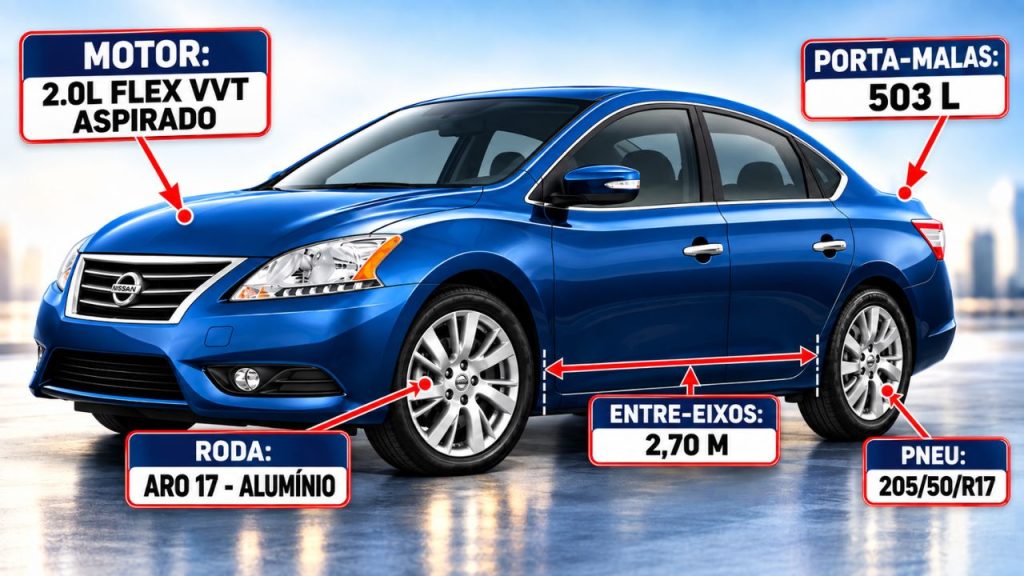 Na faixa dos R$ 60 mil, o Nissan Sentra SL 2016 entrega motor 2.0L flex VVT aspirado, 503 litros de porta-malas, entre-eixos de 2,70 metros e rodas de liga leve Na faixa dos R$ 60 mil, o Nissan Sentra SL 2016 entrega motor 2.0L flex VVT aspirado, 503 litros de porta-malas, entre-eixos de 2,70 metros e rodas de liga leve