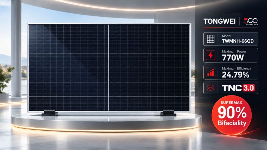 Novo painel solar chega a 770 W e 24,8% de eficiência, enquanto versão bifacial aproveita luz pelos dois lados e bate 93,07% de bifacialidade