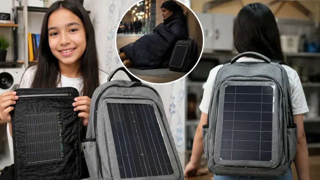 Aos 11 anos, menina inventa mochila com placa solar que aquece cobertor para moradores de rua, supera mais de 70 mil ideias e vê projeto virar 150 unidades para ajudar pessoas no frio