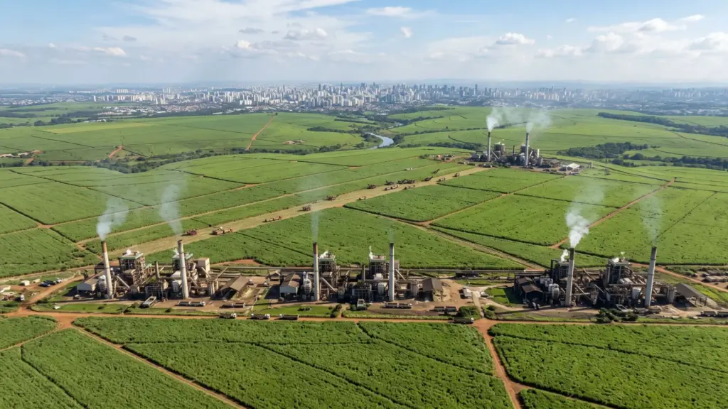 Essa plantação de cana-de-açúcar supera toda a cidade de São Paulo: 350 mil hectares alimentam quatro usinas, têm colheita 100% mecanizada e formam um canavial maior que a maior metrópole do Brasil.