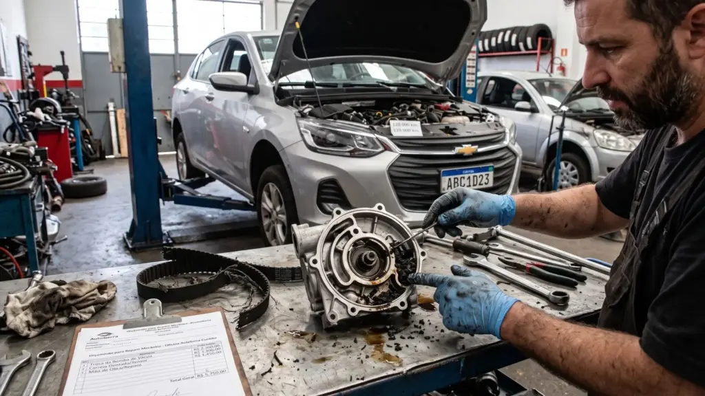 Proprietário de Chevrolet Onix Plus com 120 mil km desce a Serra de Curitiba, recebe alerta de perda de potência e sente o pedal do freio endurecer; na oficina, mecânico encontra bomba de vácuo entupida por resíduos da correia banhada a óleo e orçamento encosta nos R$ 6 mil