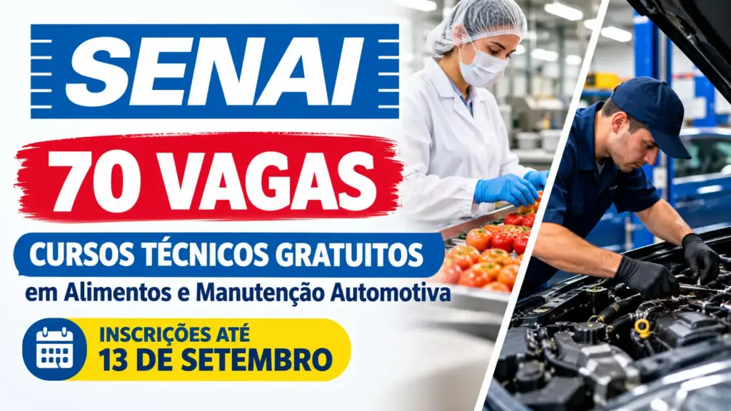 Senai abre inscrições para cursos técnicos gratuitos de Alimentos e Manutenção Automotiva em Pernambuco; são 70 vagas abertas com inscrições até 13 de setembro