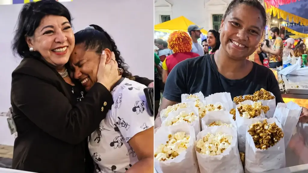 Vendedora ambulante vendia pacotes de pipoca por R$ 5 quando Roberta Miranda perguntou quanto faltava para acabar o estoque; cantora comprou toda a mercadoria, distribuiu às pessoas ao redor e entregou R$ 800 à trabalhadora, que chorou ao perceber que recebeu mais de dez vezes o valor das vendas