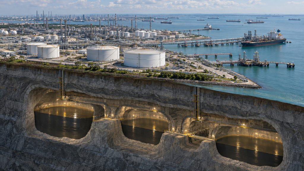 Arábia Saudita vai armazenar petróleo bruto em cavernas gigantes a 150 metros de profundidade em Singapura a partir de 2027, com capacidade de 9 milhões de barris