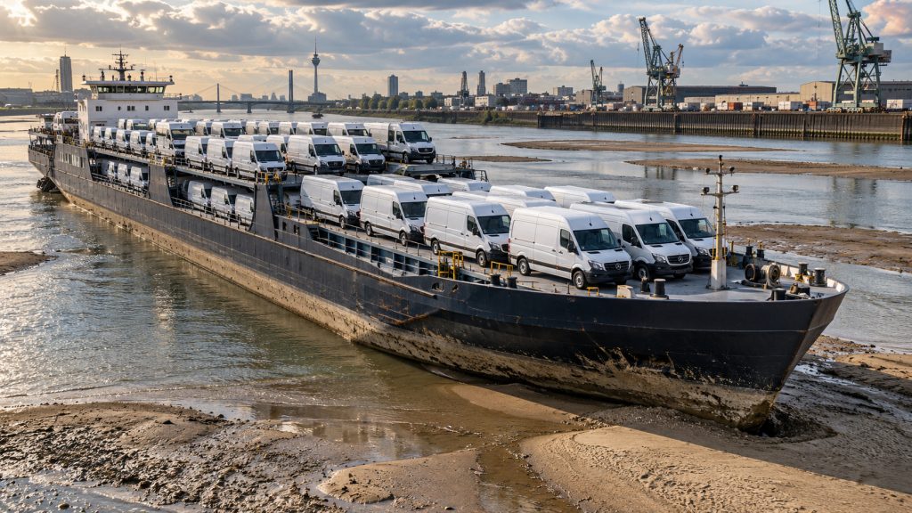 Barcaça de 135 metros com 168 vans Mercedes encalha ao deixar porto no Reno, fica presa por cinco dias e expõe impacto do nível crítico na logística alemã