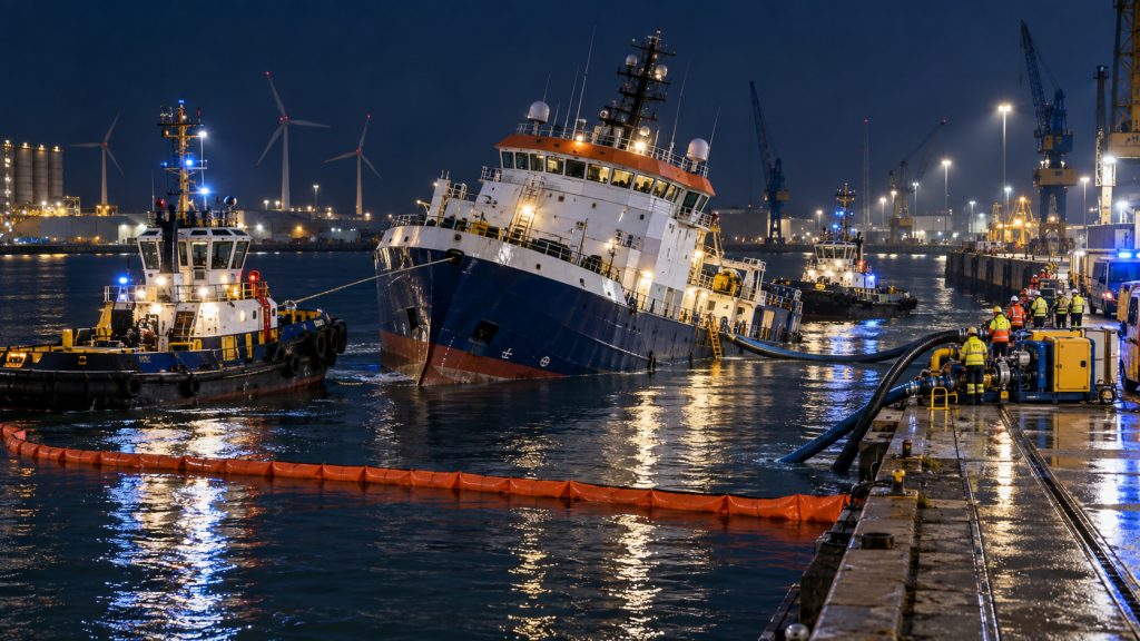 Navio offshore de 74 metros começa afundar ao entrar em porto, força evacuação e só é estabilizado após ação de mergulhadores, bombas e dois rebocadores