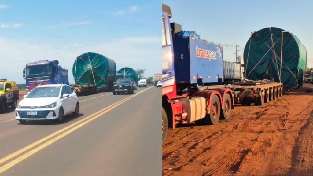 Comboio leva duas cargas gigantes de 162 toneladas cada por rodovias de MS rumo à megafábrica de celulose