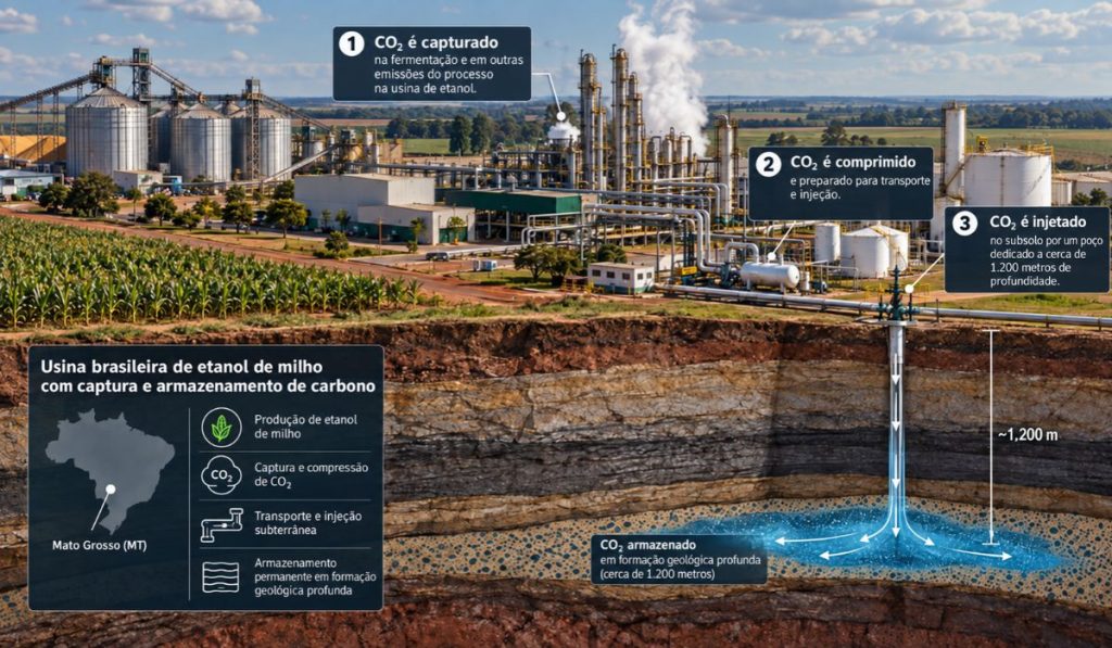 Gigante do etanol de milho investe R$ 552 milhões para capturar CO₂ e enterrá-lo a 1.200 metros no Brasil