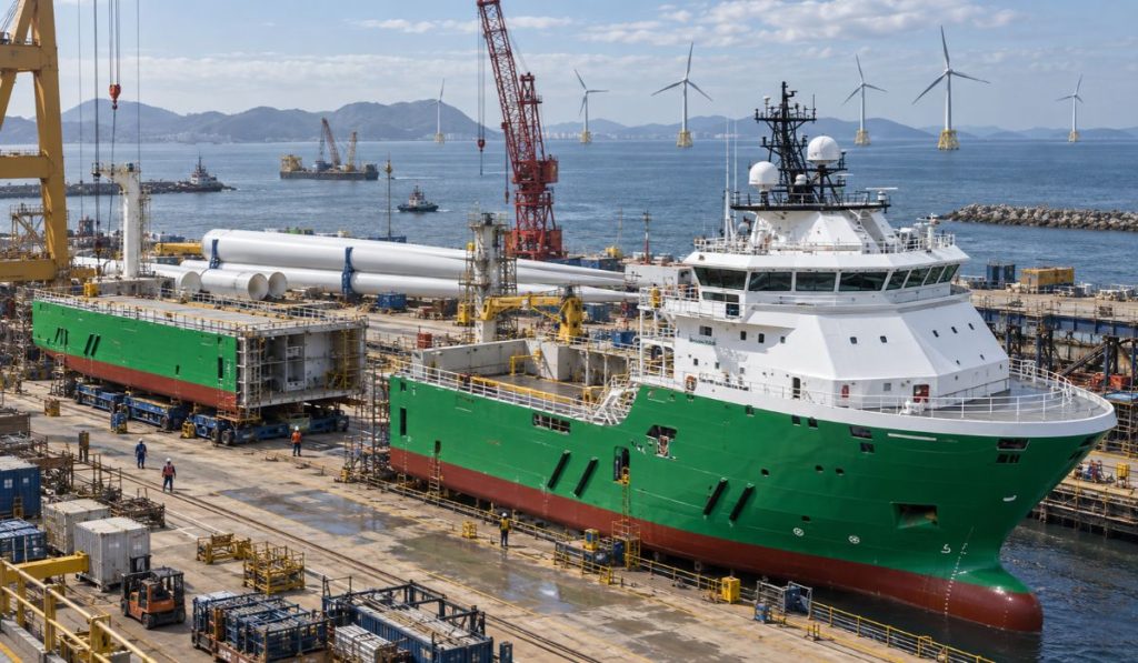 Empresa brasileira projeta navio “expansível” que nasce com 80 metros e pode chegar a 144 metros para instalar turbinas eólicas no mar
