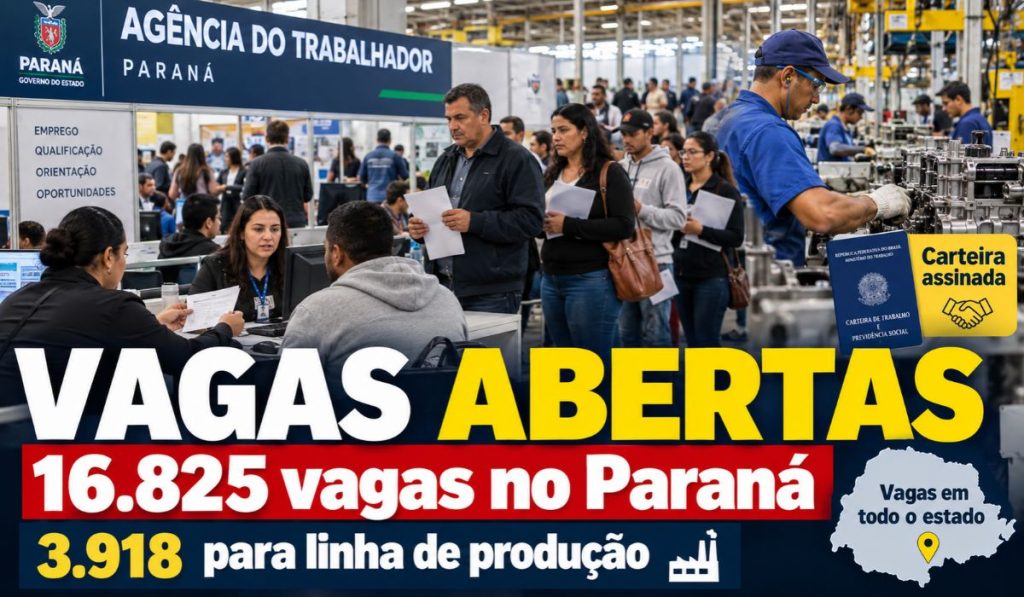 Paraná abre 16.825 vagas com carteira assinada, busca quase 4 mil trabalhadores para linhas de produção e tem postos em todo o estado