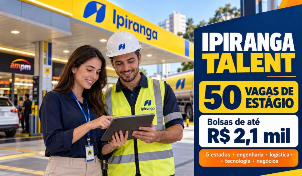 Ipiranga reúne 50 vagas de estágio em 5 estados com bolsas de até R$ 2.100 para engenharia, logística, tecnologia e negócios Ipiranga reúne 50 vagas de estágio em 5 estados com bolsas de até R$ 2.100 para engenharia, logística, tecnologia e negócios