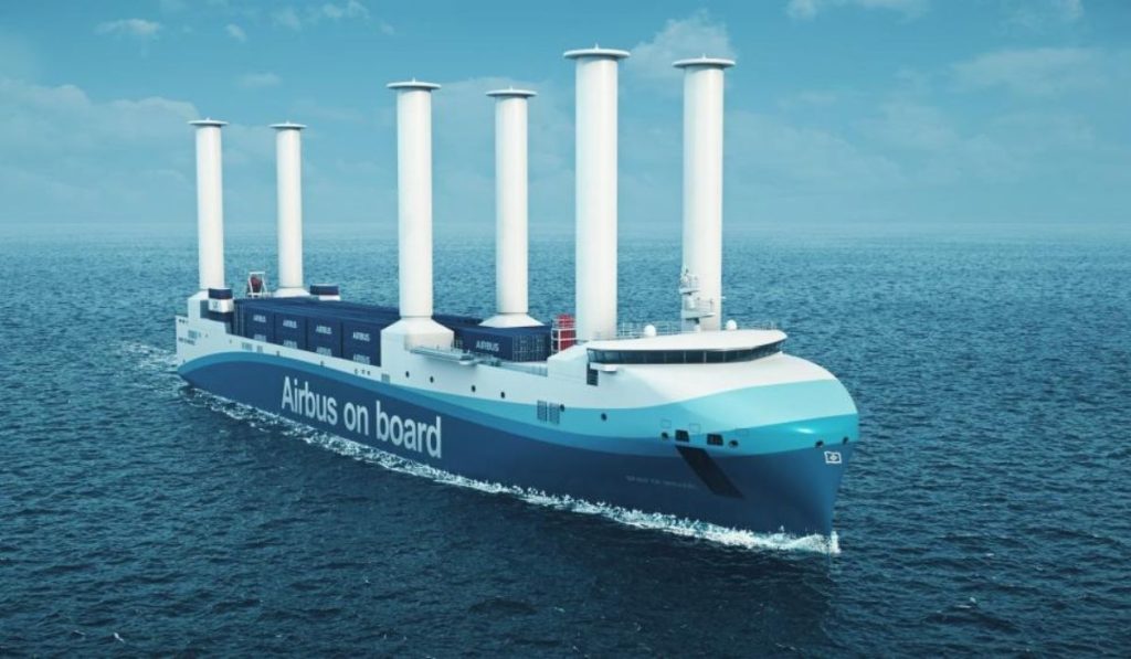 Navio de 168 metros da Airbus recebe 6 velas giratórias de 35 metros na China e se prepara para testes no mar Navio de 168 metros da Airbus recebe 6 velas giratórias de 35 metros na China e se prepara para testes no mar