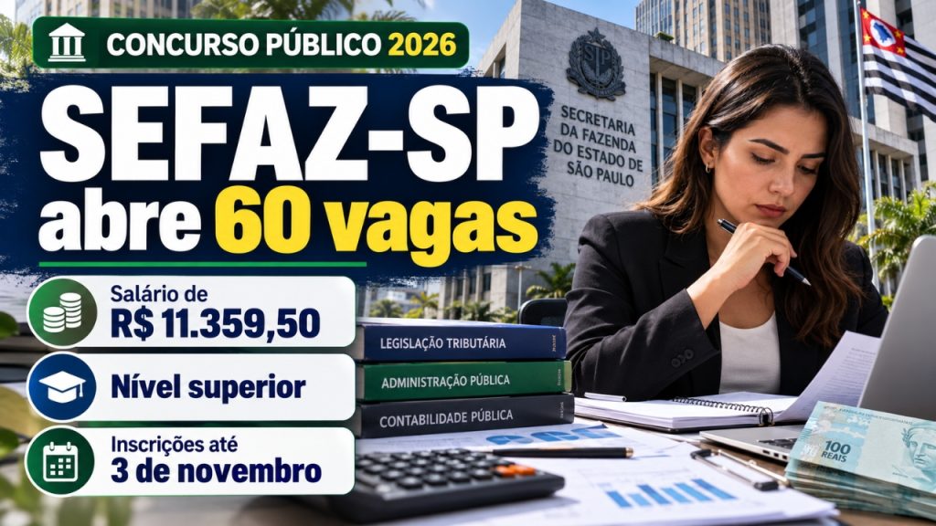 SEFAZ-SP abre 60 vagas para quem tem nível superior, com remuneração de R$ 11,3 mil, jornada de 40 horas e inscrições até 3 de novembro em três áreas de atuação