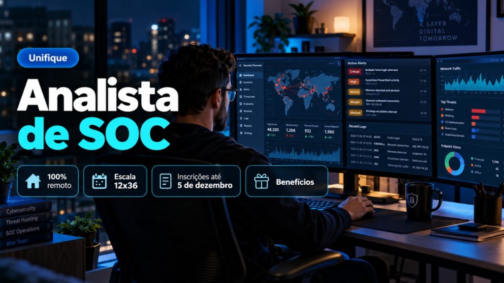 Unifique abre vaga 100% remota para Analista de SOC em escala 12×36 noturna, aceita estudantes de tecnologia, oferece benefícios e recebe inscrições até 5 de dezembro