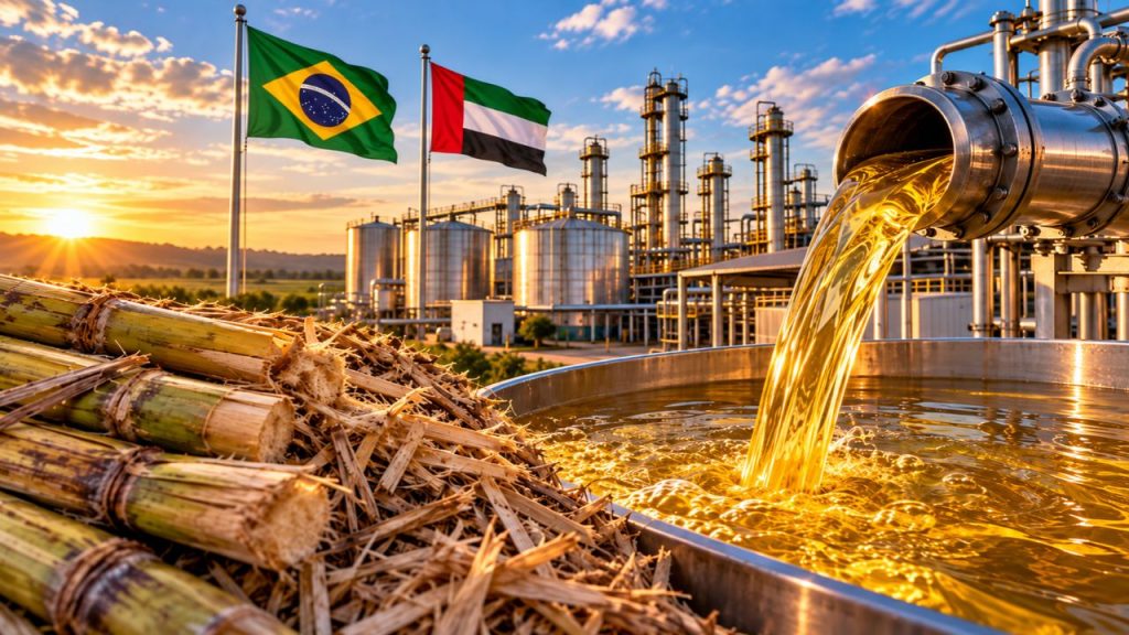 Emirados Árabes apostam US$ 13,5 bilhões no Brasil para transformar biomassa em diesel renovável e combustível de aviação, em projeto da Mubadala que prevê cinco biorrefinarias e capacidade combinada de 100 mil barris por dia