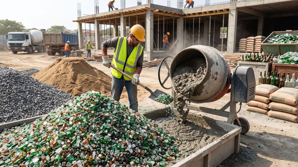 Garrafas de vidro moídas viram substituto da areia dos rios e criam cimento mais resistente que reduz descarte e pressão ambiental na construção civil