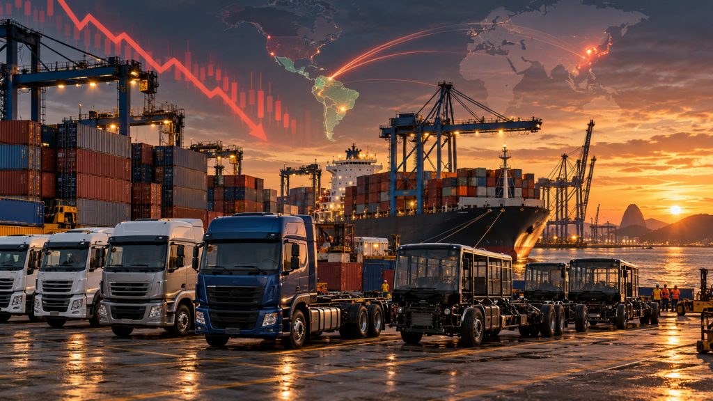 Brasil perde 21,3% nas exportações de caminhões e 32,6% nos chassis de ônibus, enquanto montadoras preparam ofensiva para 2027 diante do avanço de marcas chinesas na América Latina Brasil perde 21,3% nas exportações de caminhões e 32,6% nos chassis de ônibus, enquanto montadoras preparam ofensiva para 2027 diante do avanço de marcas chinesas na América Latina