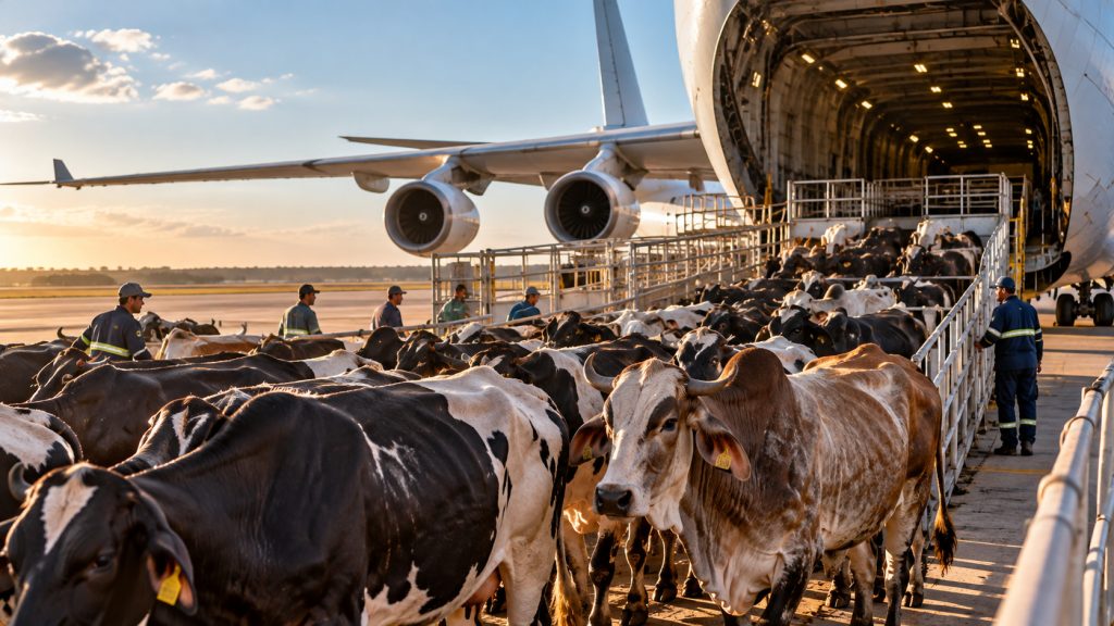 Brasil manda 600 bovinos em 3 voos para Botsuana, país que produz só 10% do leite que consome, e abre espaço na África para genética Girolando e laboratório de FIV