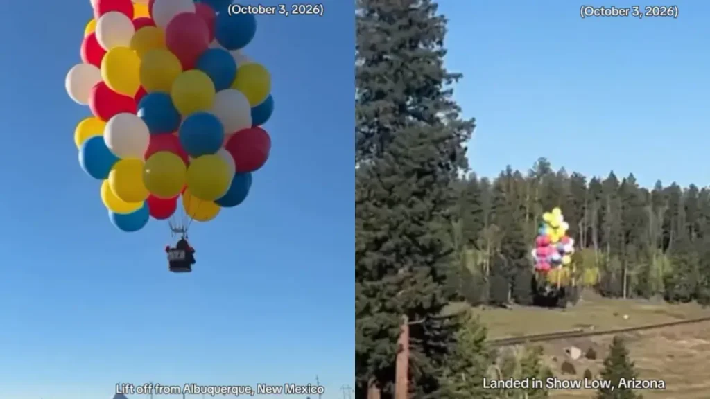Inspirado no filme ‘Up’, piloto voa mais de 300 quilômetros pelo céu dos EUA suspenso apenas por 94 balões de hélio coloridos