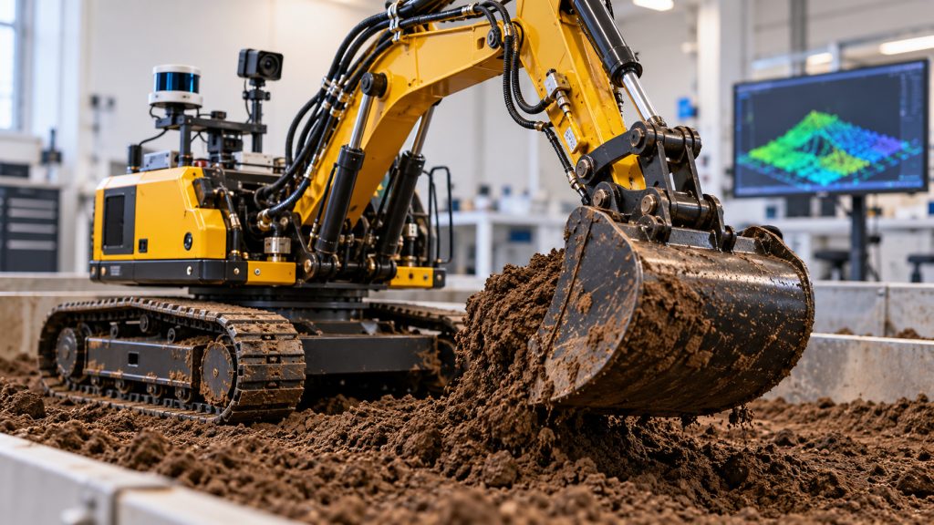 Escavadeira com IA aprende com operadores e retira mais que o dobro de terra por ciclo em teste