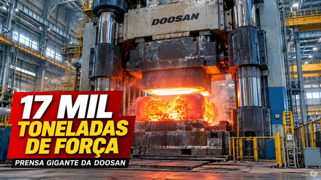 Com 17 mil toneladas de força, prensa gigante da Doosan tem 29 metros de altura, molda lingotes aquecidos e integra fábrica capaz de produzir 80 mil toneladas de peças forjadas por ano.