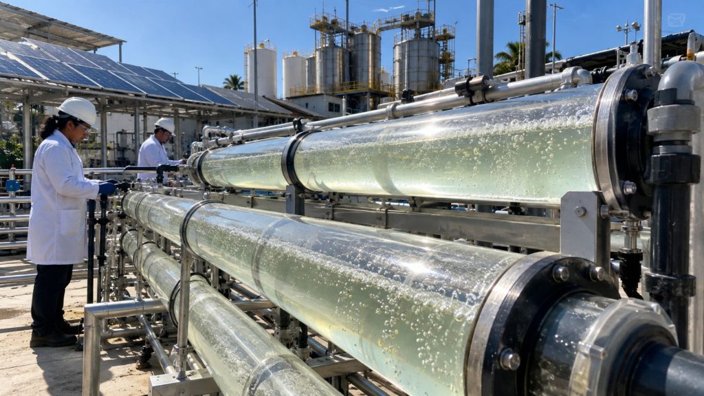 Projeto do Ceará chama a atenão do mundo ao usar luz solar e glicerol do biodiesel para produzir hidrogênio de baixo carbono, enquanto 95% da produção global ainda depende de fontes fósseis Projeto do Ceará chama a atenão do mundo ao usar luz solar e glicerol do biodiesel para produzir hidrogênio de baixo carbono, enquanto 95% da produção global ainda depende de fontes fósseis
