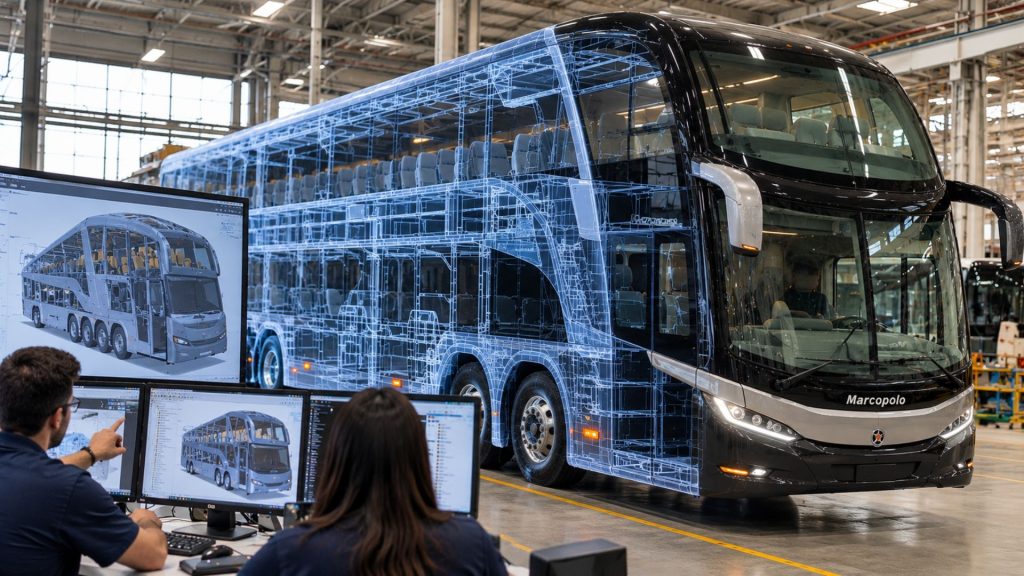 Marcopolo valida novos ônibus digitalmente, reduz 45% do retrabalho e corta pela metade o tempo de protótipos; um modelo foi avaliado em tamanho real um ano antes da estreia no mercado