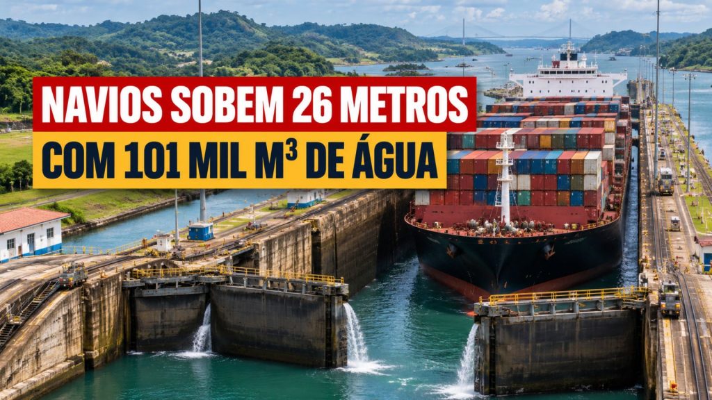 Navios sobem 26 metros para cruzar o Canal do Panamá, mas o sistema depende de eclusas que precisam de 101 mil metros cúbicos de água doce em cada câmara a cada travessia Navios sobem 26 metros para cruzar o Canal do Panamá, mas o sistema depende de eclusas que precisam de 101 mil metros cúbicos de água doce em cada câmara a cada travessia