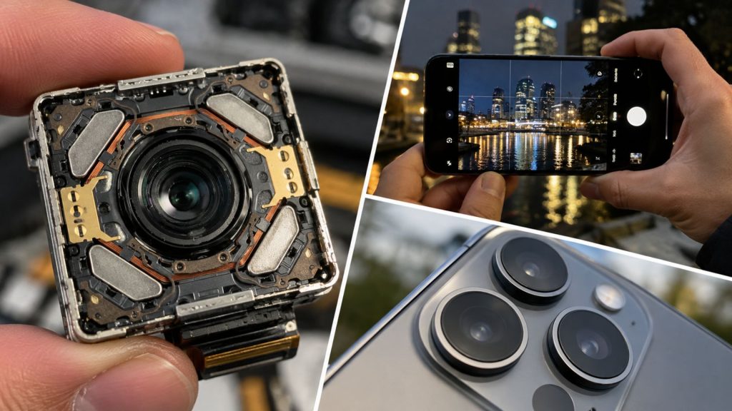 Não são apenas os megapixels: dentro da câmera do celular, um mecanismo desloca a lente na direção oposta ao tremor da mão e reduz borrões em baixa luz antes mesmo do processamento digital