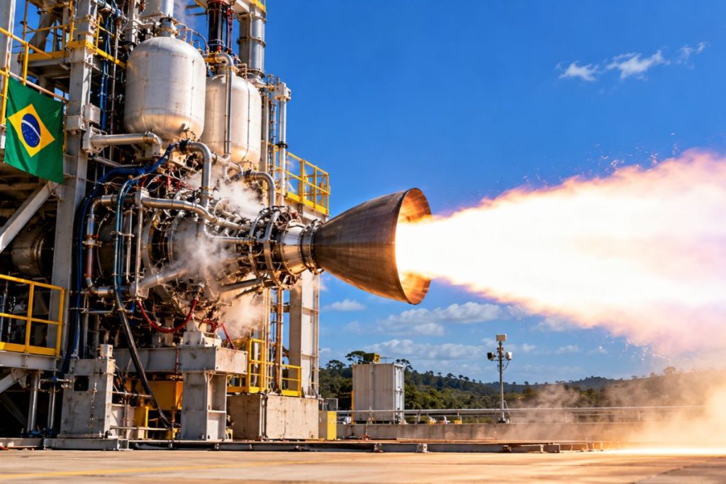 Indústria brasileira testa motor de foguete movido a álcool e oxigênio líquido, com força de 8 mil newtons