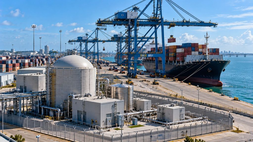 Indústria naval estuda levar pequenos reatores nucleares para dentro dos portos, com unidades capazes de alimentar guindastes, contêineres refrigerados, navios atracados e indústrias próximas Indústria naval estuda levar pequenos reatores nucleares para dentro dos portos, com unidades capazes de alimentar guindastes, contêineres refrigerados, navios atracados e indústrias próximas