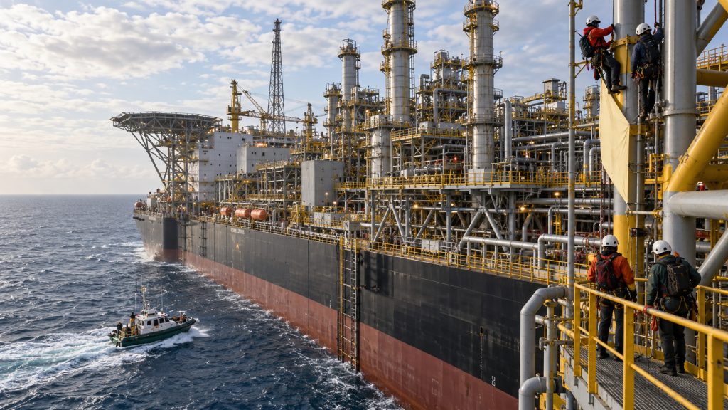 A 375 km da costa, quatro ativistas escalam estrutura de 70 mil toneladas e conseguem paralisar operações de projeto de gás de US$ 12,5 bilhões na Austrália, reacendendo disputa sobre recifes e exploração